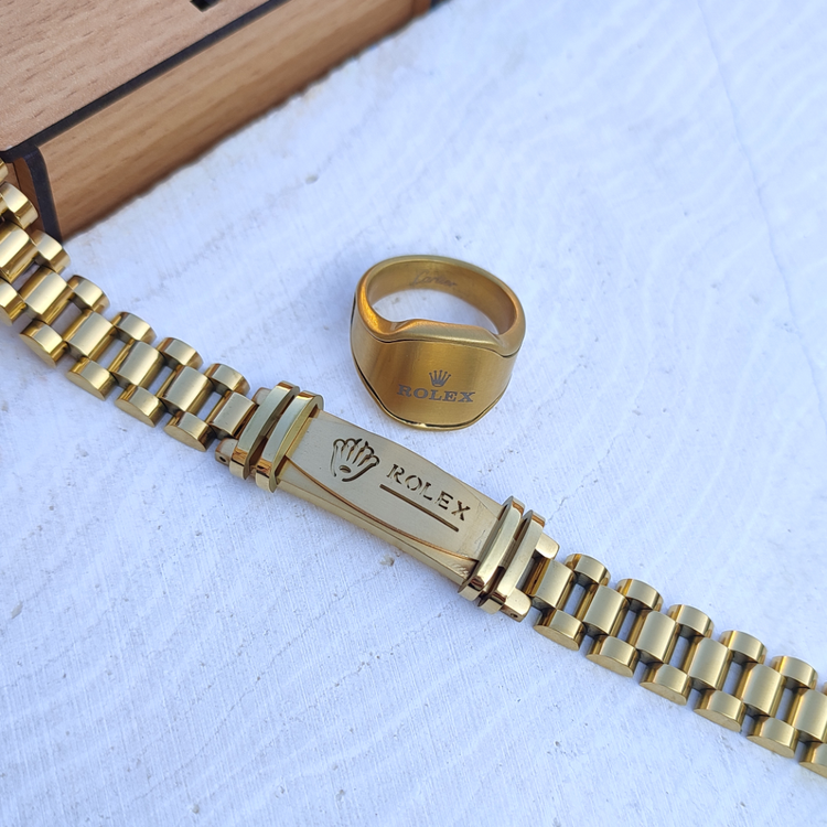 ست دستبند و انگشتر استیل مردانه طلایی رولکس