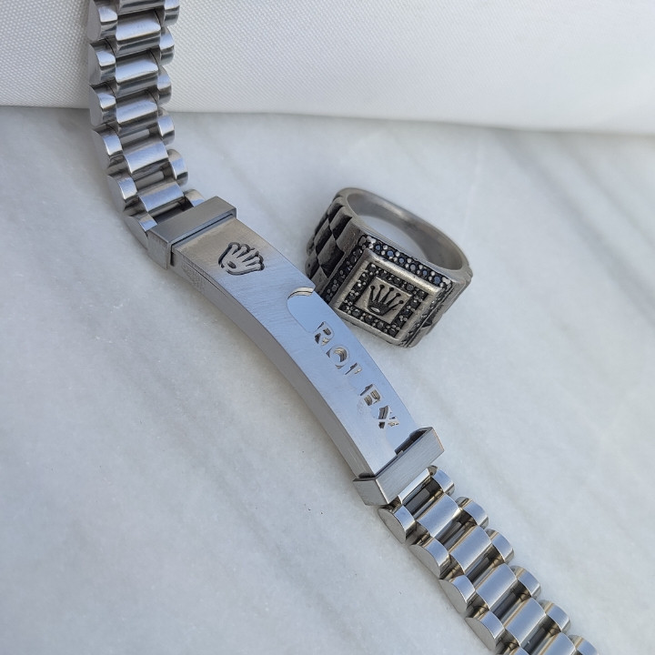 خرید ست دستبند و انگشتر مردانه رنگ ثابت نقره ای رولکس