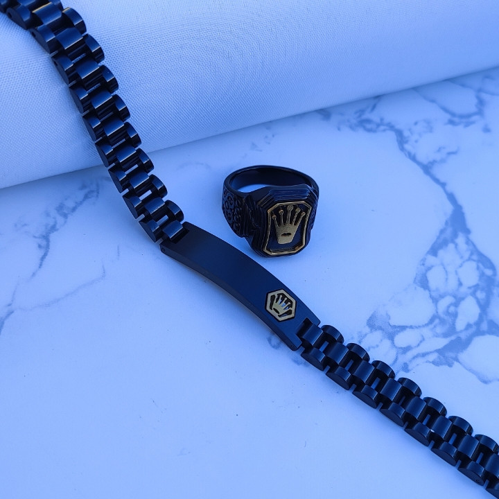 ست انگشتر و دستبند مشکی رولکس مردانه