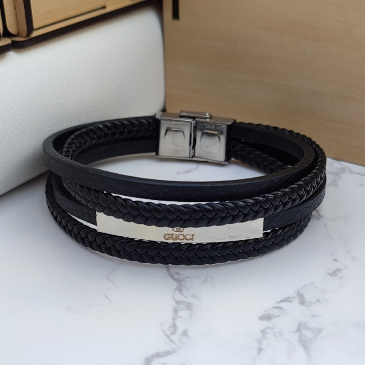 دستبند چرمی مردانه چند ردیفه گوچی مشکی شیک ارزان