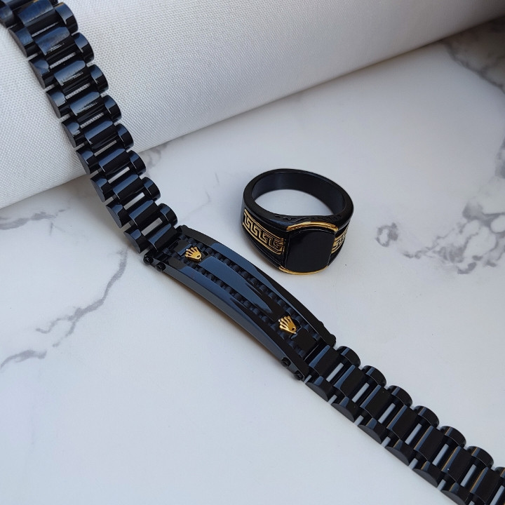 خرید ست دستبند و انگشتر مردانه مشکی رولکس