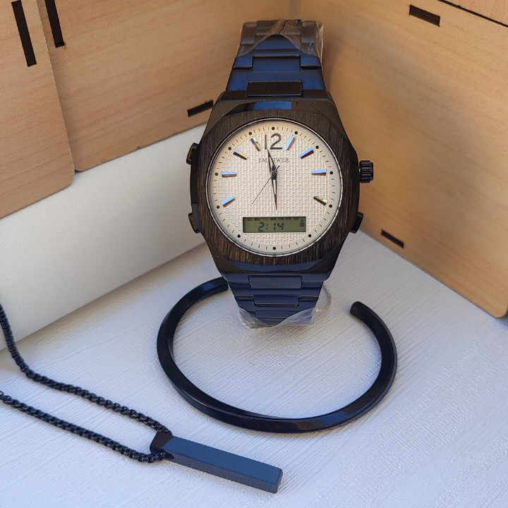 ست ساعت و گردنبند پسرانه مشکی استیل