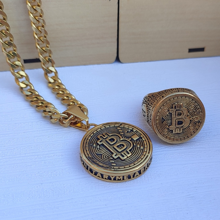 خرید گردنبند انگشتر مردانه بیت کوین طلایی استیل