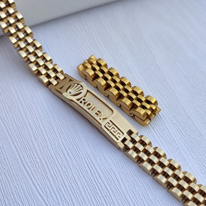 خرید دستبند پسرانه طلایی رنگ ثابت رولکس استیل