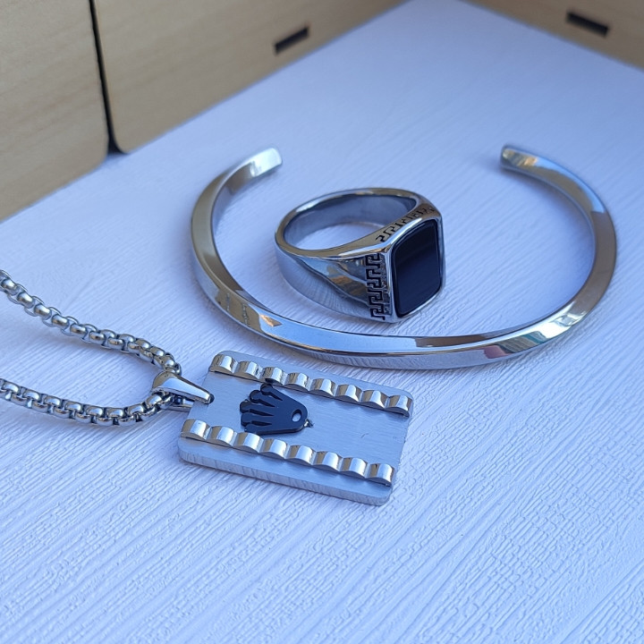 خرید ست گردنبند و دستبند پسرانه نقره ای استیل