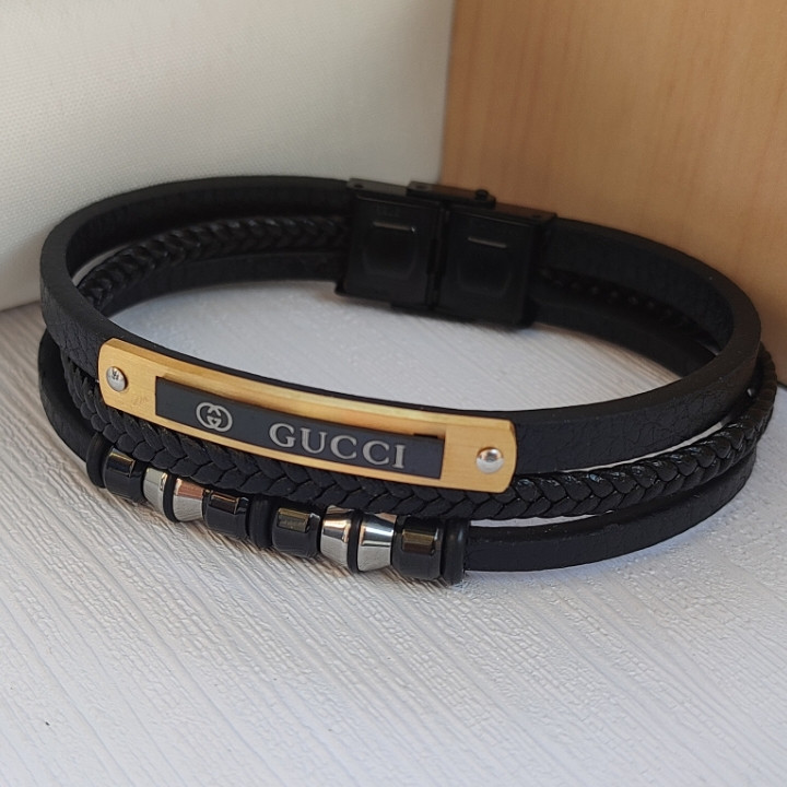 خرید دستبند چرمی پسرانه گوچی مشکی