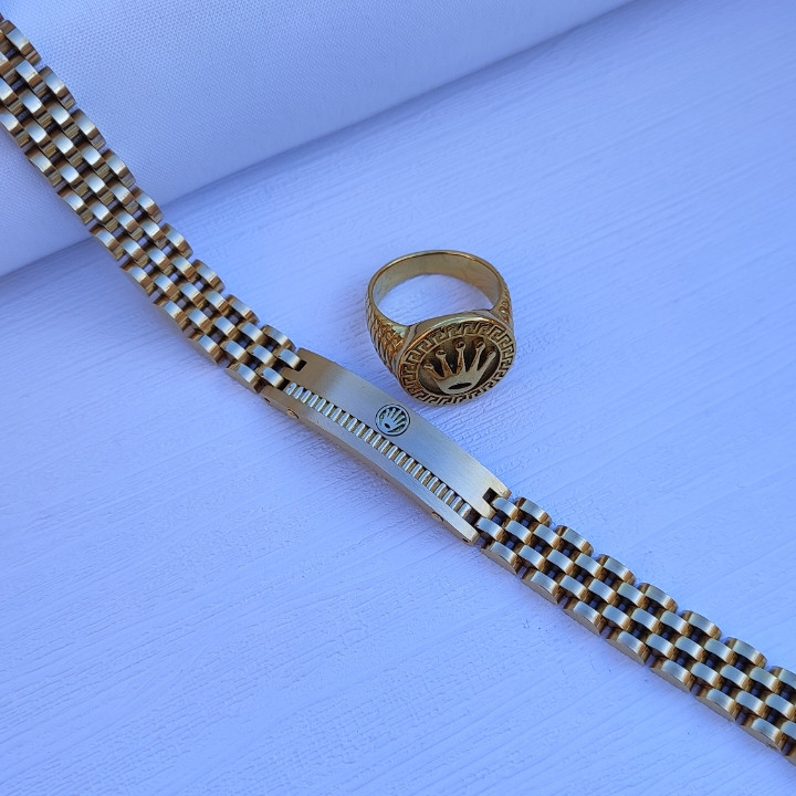 خرید ست انگشتر و دستبند پسرانه استیل طلایی