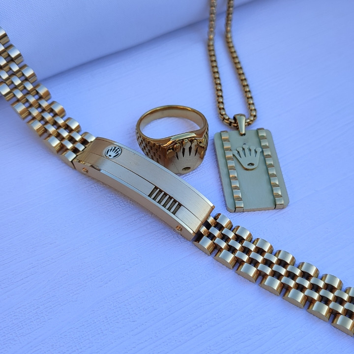 خرید ست گردنبند و انگشتر مردانه طلایی استیل رنگ ثابت