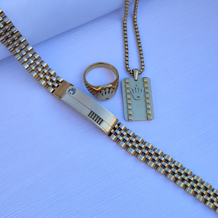 خرید ست گردنبند و دستبند مردانه طلایی رولکس رنگ ثابا