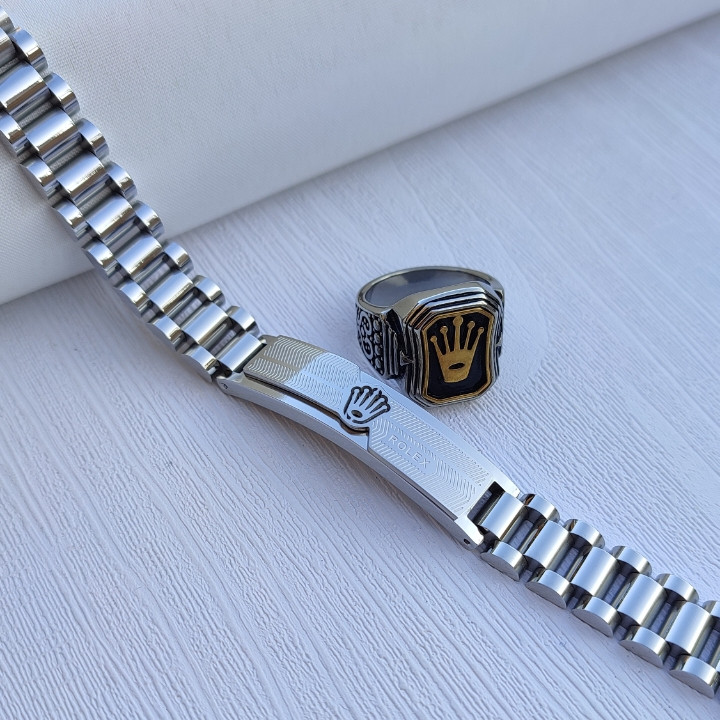 خرید دستبند نقره ای مردانه رنگ ثابت استیل رولکس