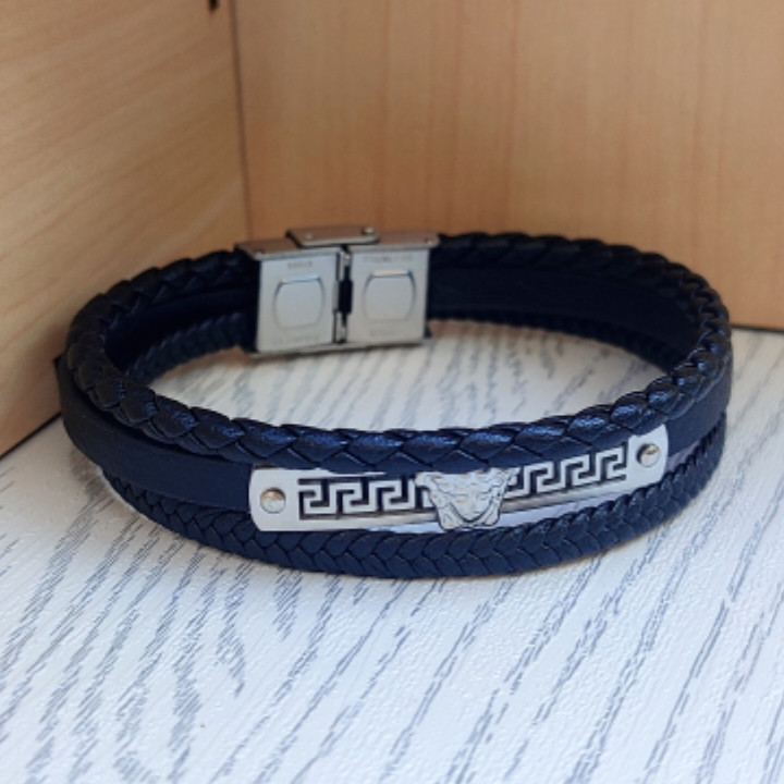 خرید دستبند ورساچه چرمی مشکی سه رج
