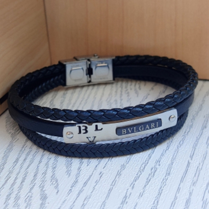 خرید دستبند مردانه چرمی چند ردیفه مشکی بولگاری