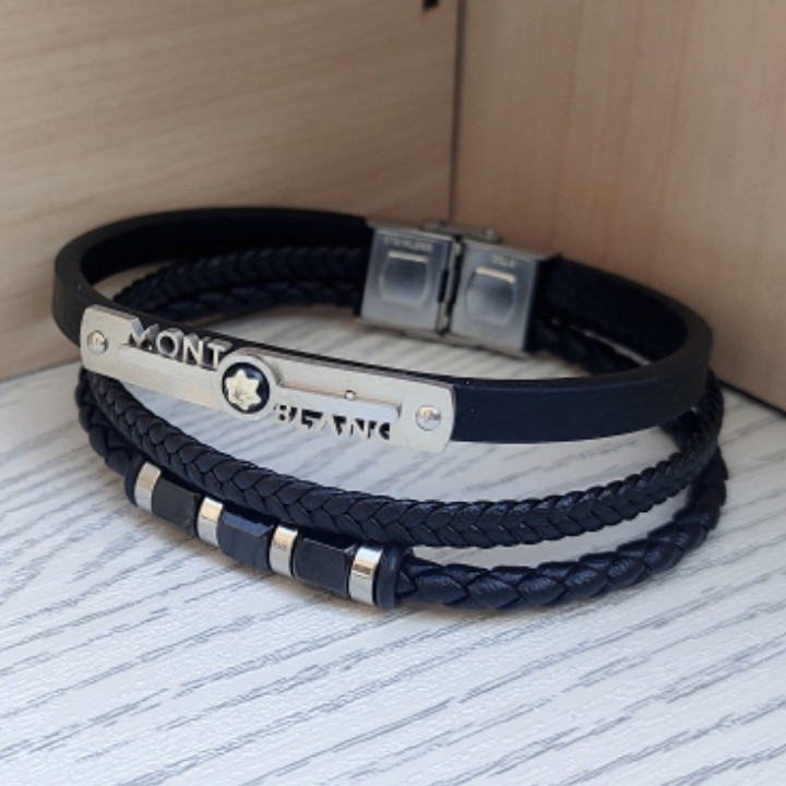 خرید دستبند چرمی مونتبلانک مردانه مشکی سه رج