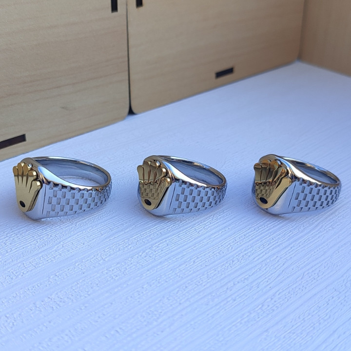 خرید انگشتر مردانه رولکس نقره ای طلایی