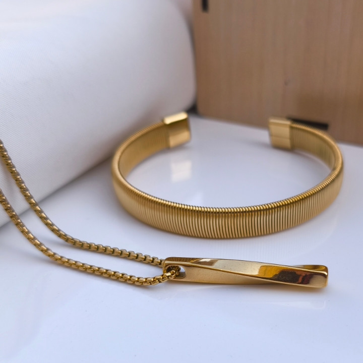 خرید ست بنگل و گردنبند مردانه طلایی رنگ ثابت