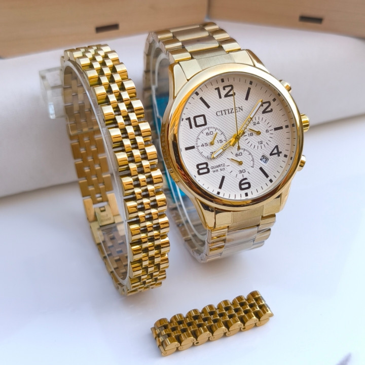 خرید ست ساعت دستبند انگشتر مردانه شیک طلایی