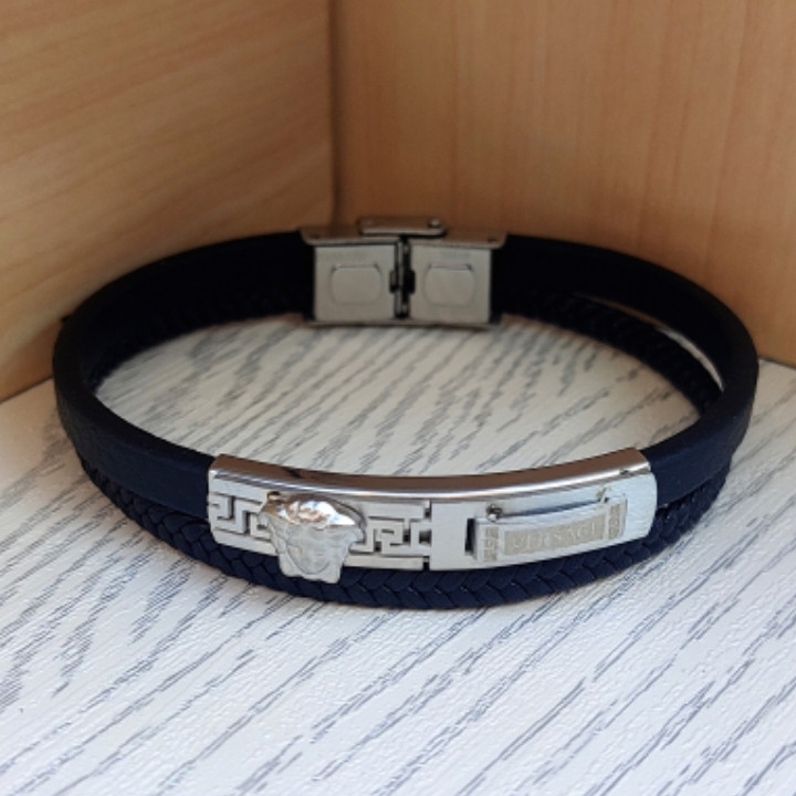 خرید دستبند پسرانه چرمی مشکی دو دور ورساچه