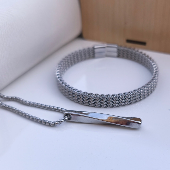 خرید ست گردنبند و دستبند مردانه استیل نقره ای