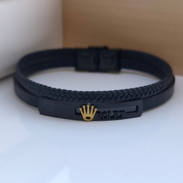 خرید دستبند چرمی پسرانه مشکی دو دور رولکس