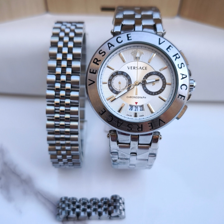 خرید ساعت مردانه سه موتور فعال ورساچه نقره ای شیک