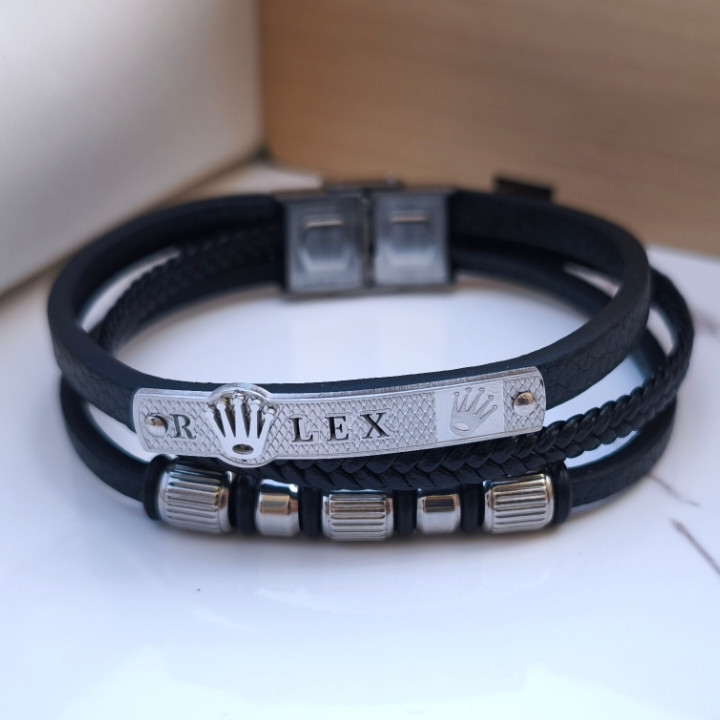 دستبند چرمی مردانه پهن رولکس مشکی
