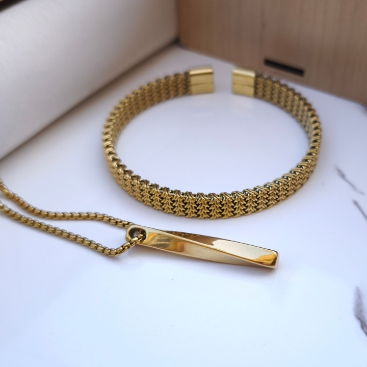 خرید ست بنگل و گردنبند طلایی رنگ ثابت پسرانه