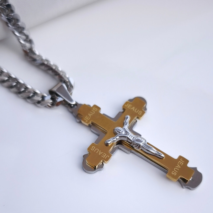 خرید گردنبند صلیب دو رنگ مردانه استیل رنگ ثابت