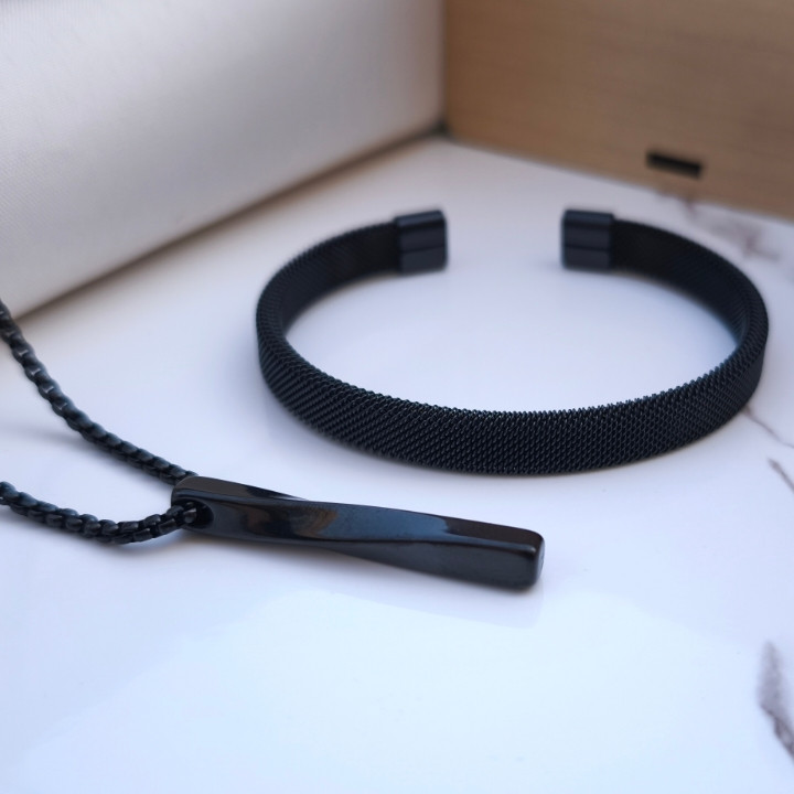 خرید ست گردنبند و دستبند مردانه مشکی رنگ ثابت