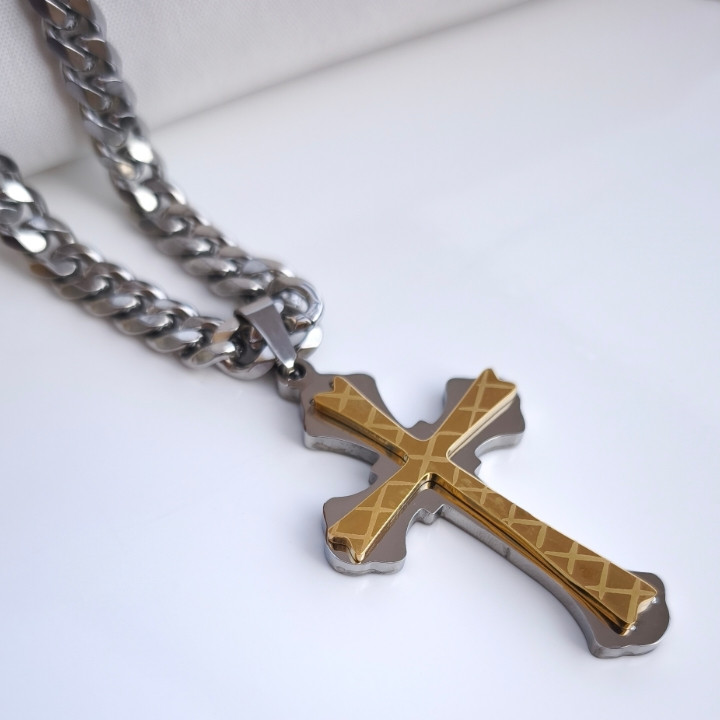 خرید گردنبند صلیب دو رنگ مردانه رنگ ثابت