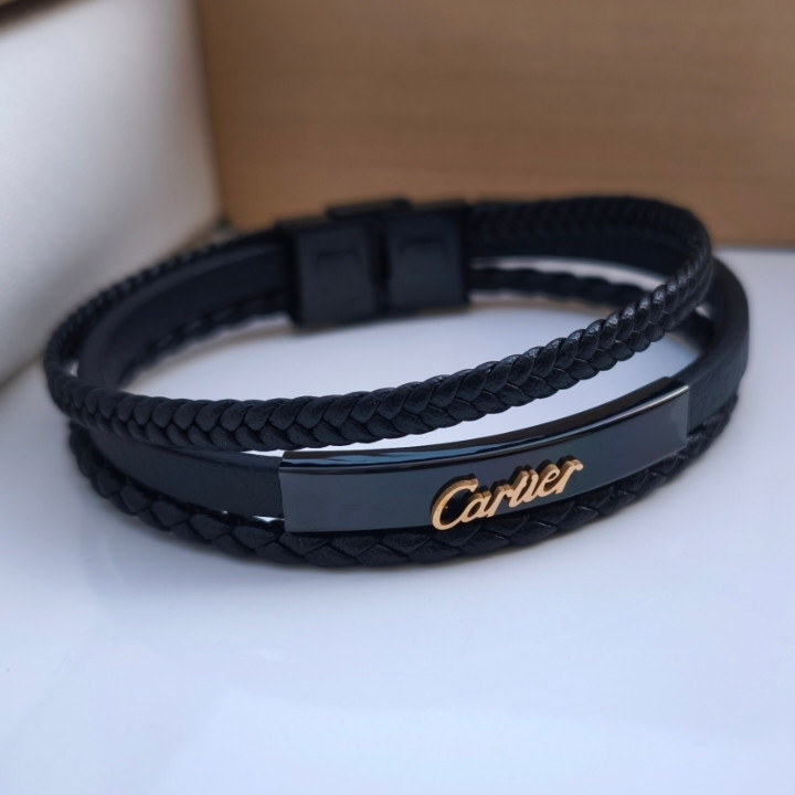خرید دستبند پسرانه چرمی سه دور مشکی کارتیه