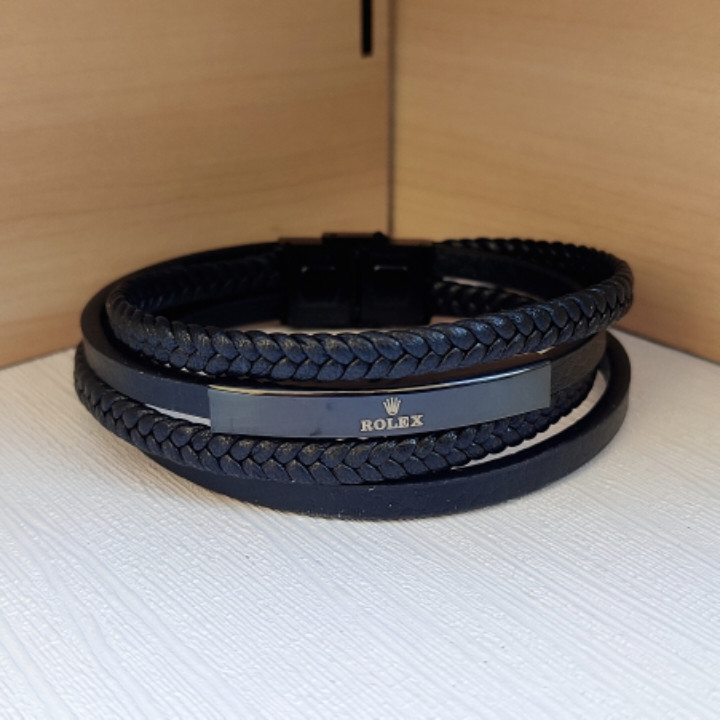 خرید دستبند مردانه رولکس چرمی مشکی قمیت مناسب