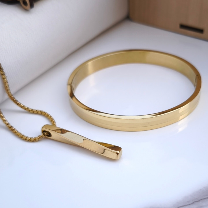 خرید ست دستبند و گردنبند طلایی مردانه شیک رنگ ثابت