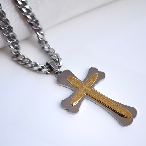 خرید گردنبند صلیب دو رنگ استیل مردانه