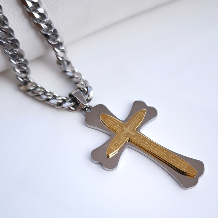 خرید گردنبند صلیب دو رنگ استیل مردانه