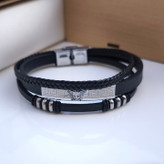 خرید دستبند چرمی مردانه سه دور ورساچه مشکی قفل استیل
