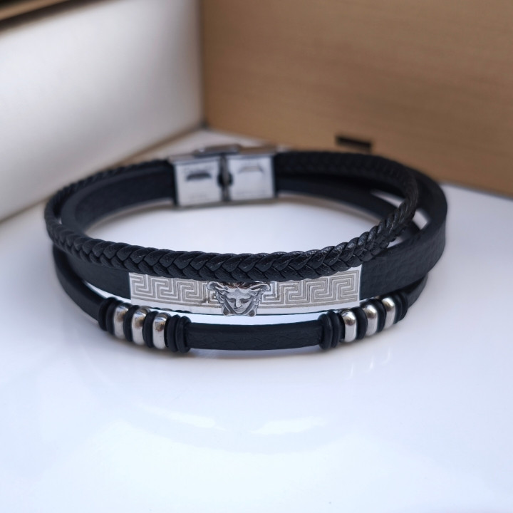 خرید دستبند چرمی مردانه سه دور ورساچه مشکی قفل استیل