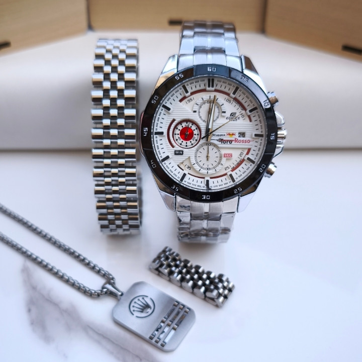 خرید ست ساعت و گردنبند مردانه نقره ای رنگ ثابت