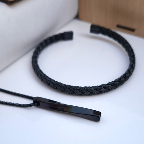 خرید ست بنگل و گردنبند مردانه مشکی رنگ ثابت