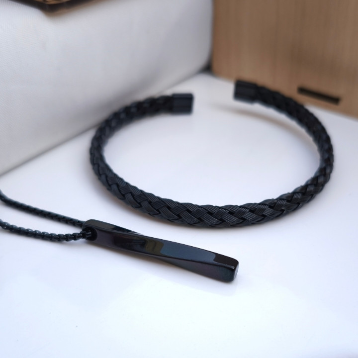 خرید ست دستبند و گردنبند مردانه شیک رنگ ثابت استیل مشکی