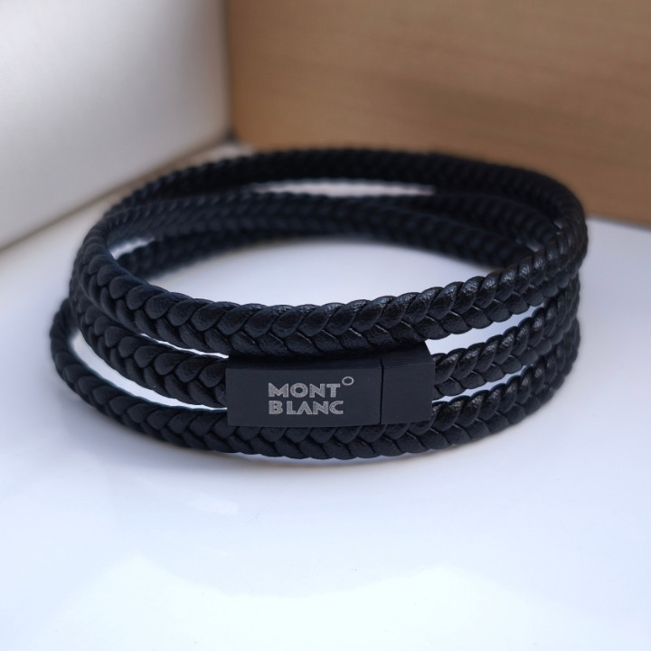 خرید دستبند چرمی پسرانه مونتبلانک مشکی قفل مگنتی