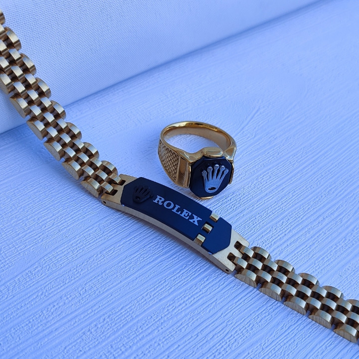 خرید ست انگشتر و دستبند مردانه رولکس طلایی رنگ ثابت استیل