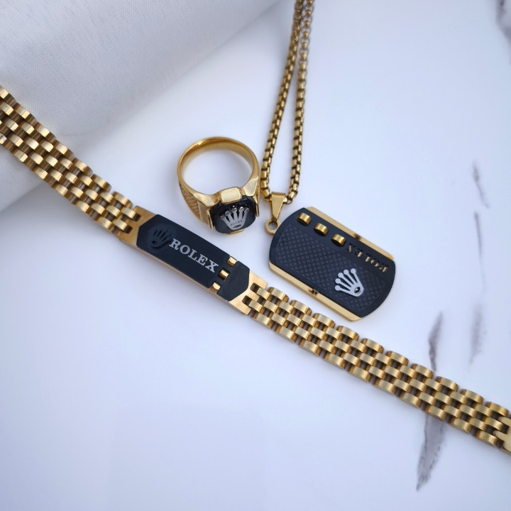 خرید ست دستبند انگشتر گردنبند مردانه استیل رنگ ثابت رولکس