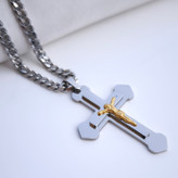 خرید گردنبند صلیب مردانه بزرگ استیل رنگ ثابت