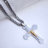 خرید گردنبند صلیب مردانه دو رنگ استیل رنگ ثابت