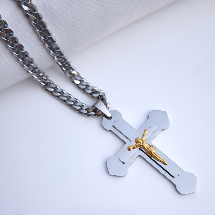 خرید گردنبند صلیب مردانه دو رنگ استیل رنگ ثابت