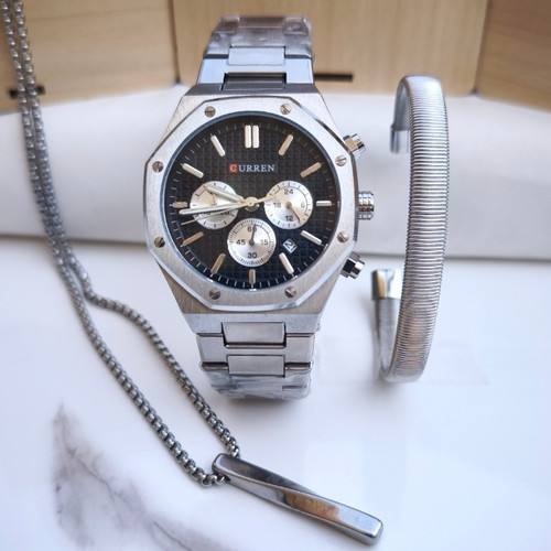 خرید ست ساعت دستبند گردنبند مردانه نقره استیل رنگ ثابت