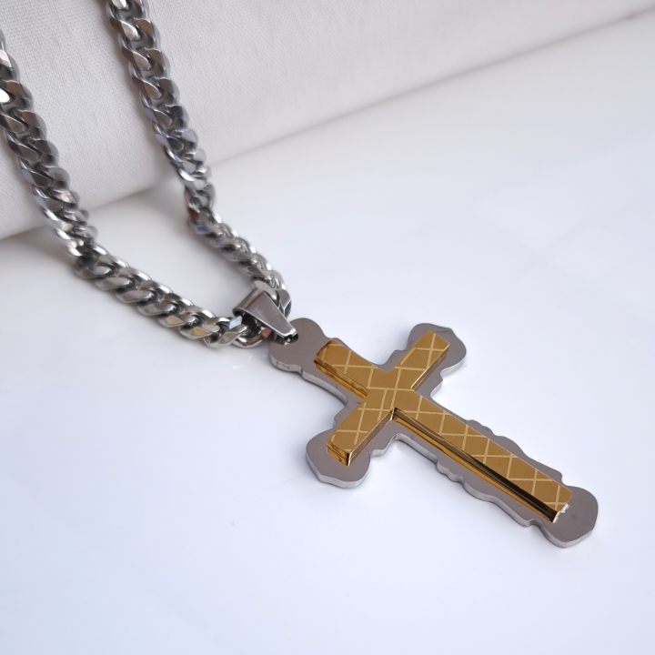 خرید گردنبند صلیب مردانه دو رنگ استیل شیک