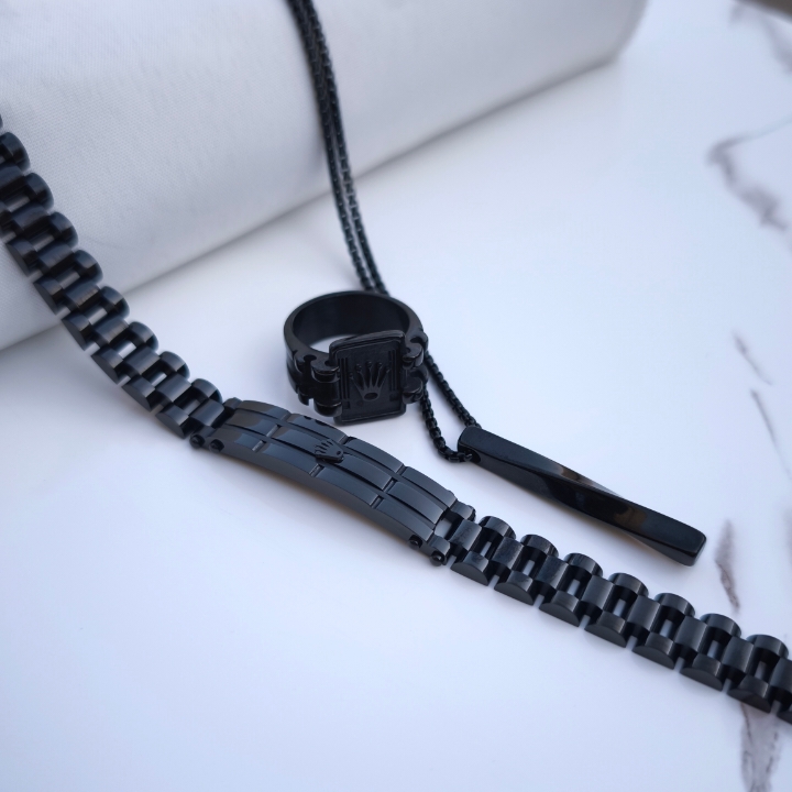 خرید ست دستبند گردنبند انگشتر مردانه مشکی رولکس استیل رنگ ثابت