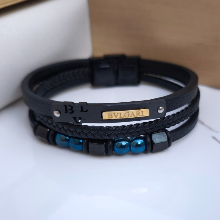 خرید دستبند چرمی سه دور مشکی بولگاری مردانه قیمت مناسب