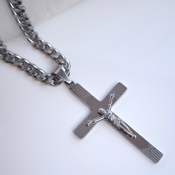 خرید گردنبند صلیب مردانه استیل رنگ ثابت همراه زنییر کارتیر ۶۰ سانتی